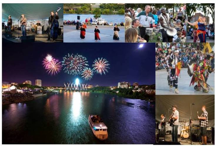 Saskatoon Fireworks Festival - Celebration of Community & Culture Photo of 2009 Fireworks over River with photos of Performers around it.
